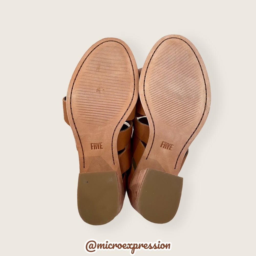 $338 Frye Tash Cognac Real Leather Cut Out Strappy Wood PeepToe Ankle Booties - Picture 12 of 13